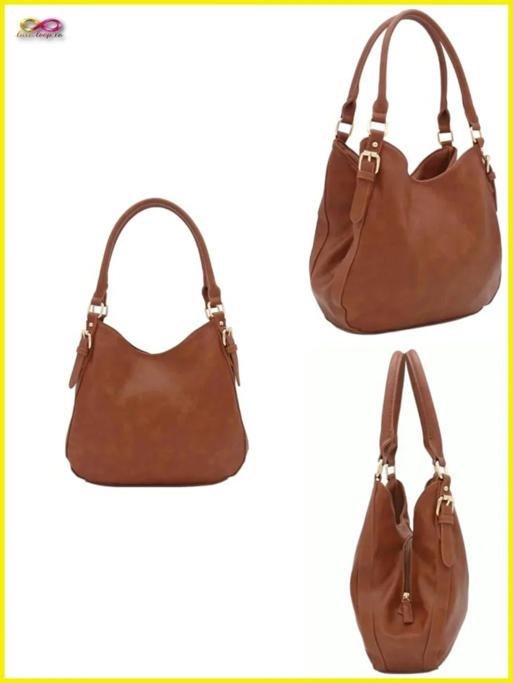 Faux Leather 3 Compartment Hobo Bag with Top Handles
